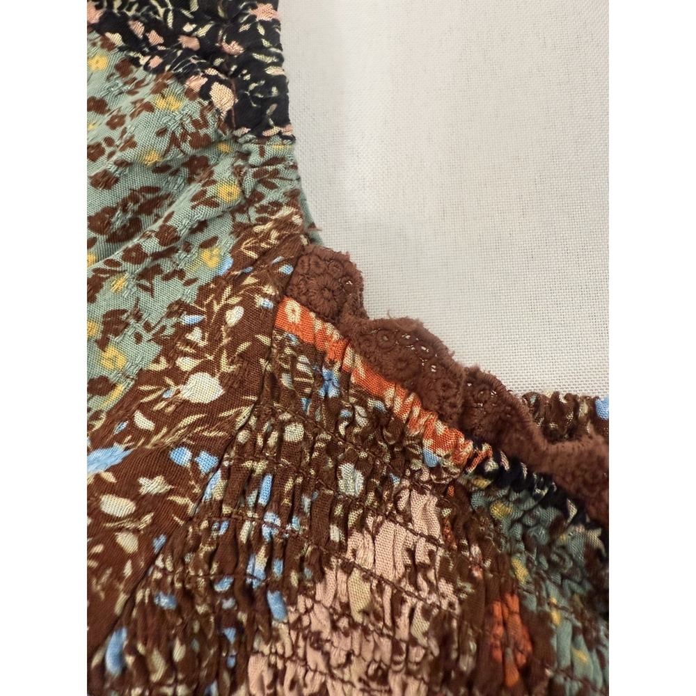 SO Patchwork Peasant Blouse Boho Floral Smocked Fall Festival Top Womens Size S - Picture 7 of 10